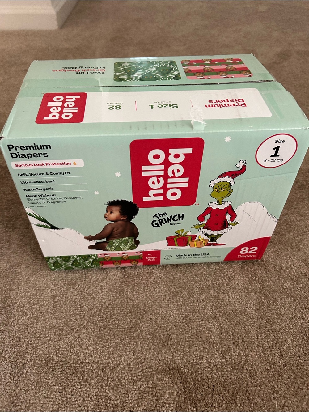 New In Box Hello Bello Size 1 Premium Diapers - The Grinch Edition  (82 Count)